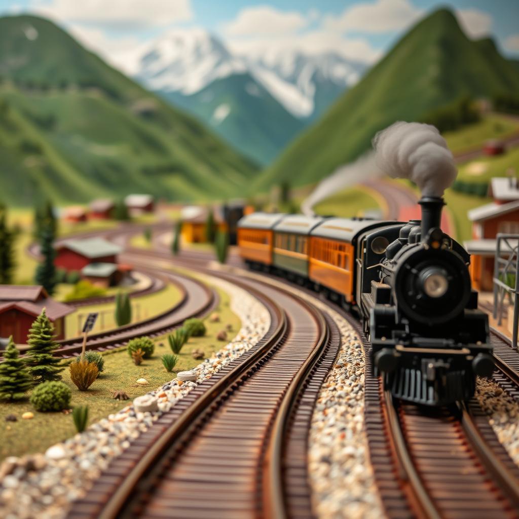 Detailed HO scale model train layout with a steam locomotive on curving track